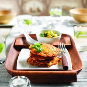 Onion fritters with mango relish