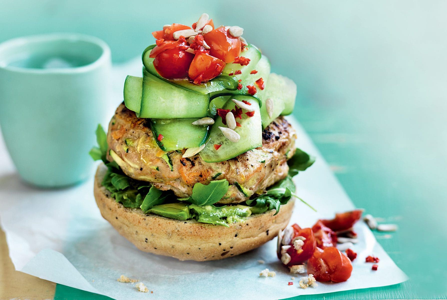 Open chicken burger with spicy tomato salsa