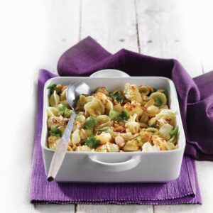 Orecchiette with roasted cauliflower, pine nuts and green olives