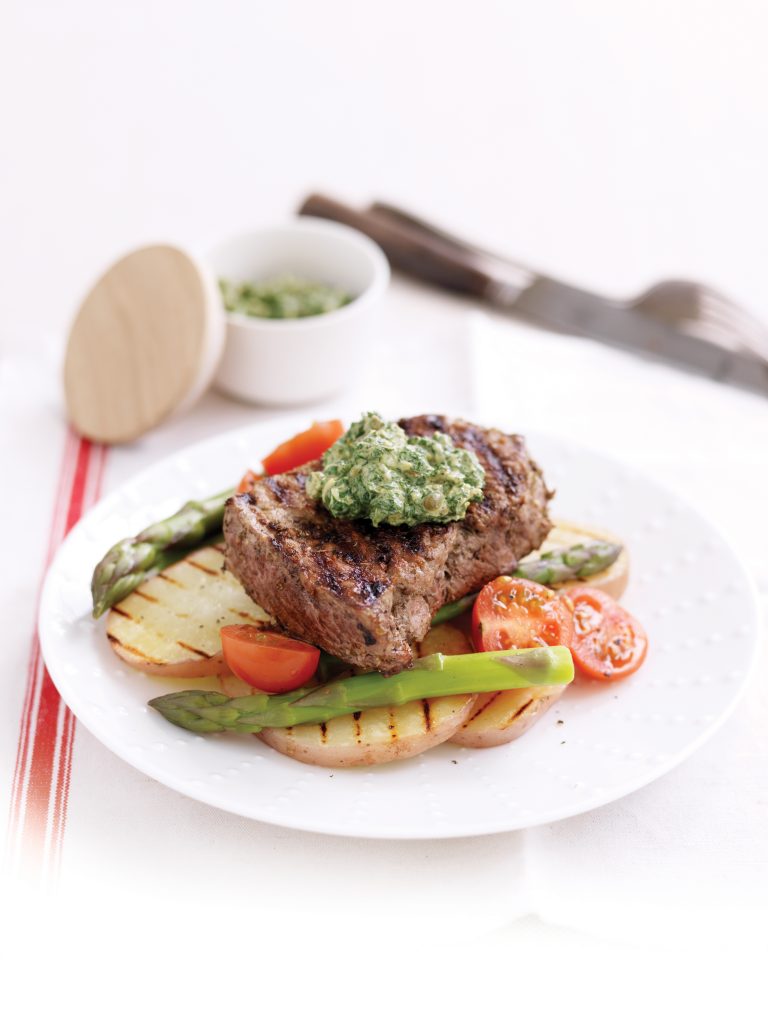 Oregano-rubbed steaks with salsa verde Oregano-rubbed steaks with salsa verde