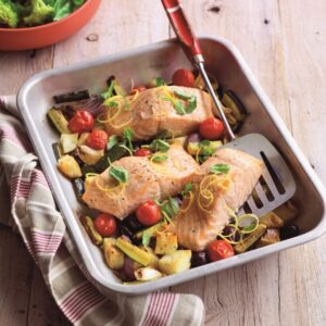Oven-roasted salmon with oregano, lemon and tender veges