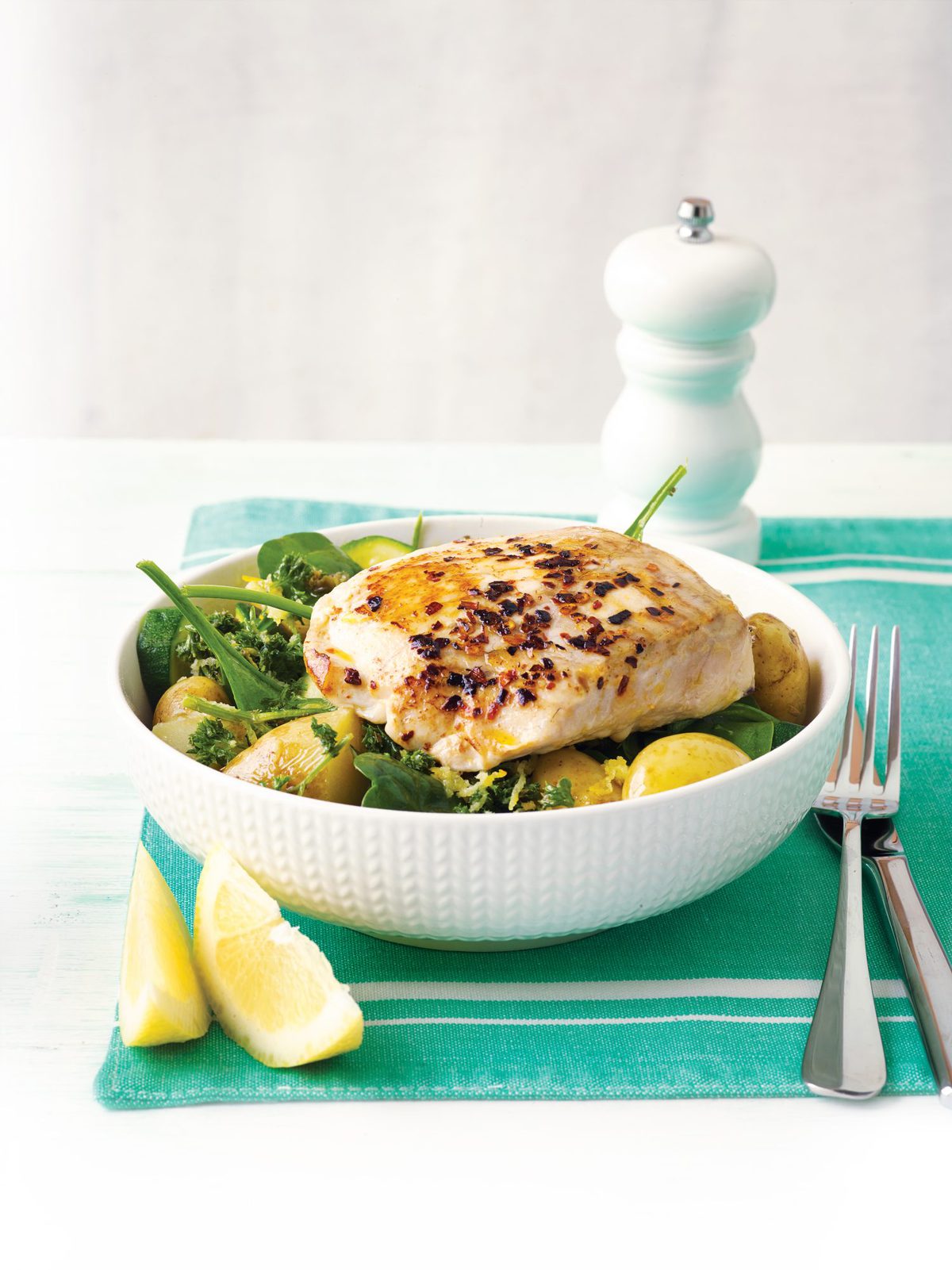 Pan-fried fish with lemon-dressed greens