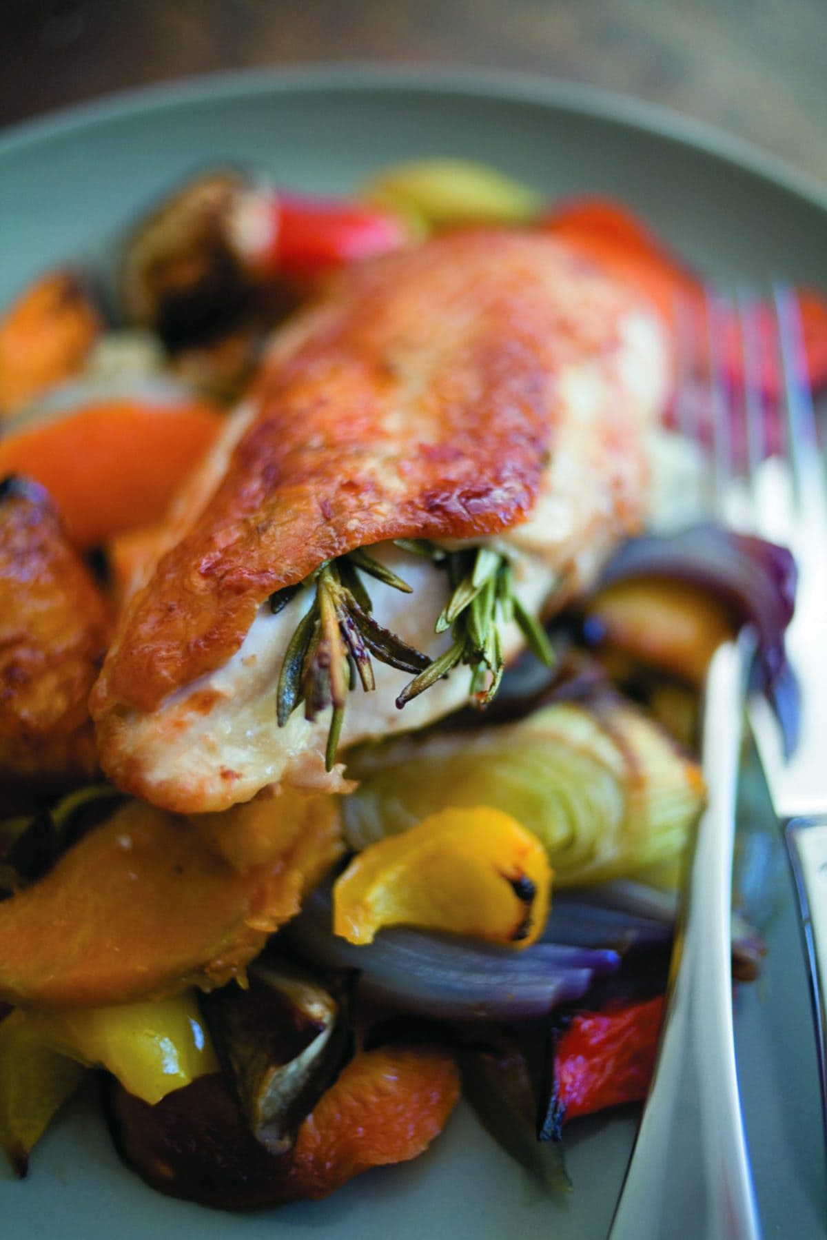 Pan-fried chicken with orange-roasted vegetables