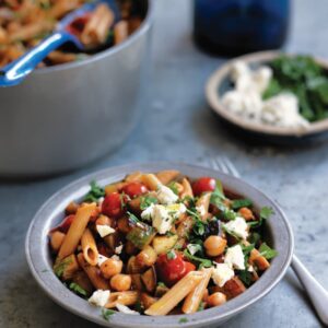 Pasta with eggplant, tomato, chickpeas and feta