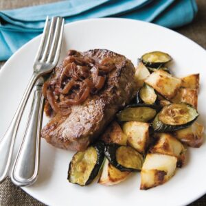Peppered steaks with caramelised onions