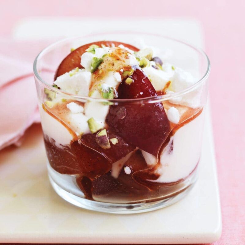 Plum, meringue and pistachio trifles