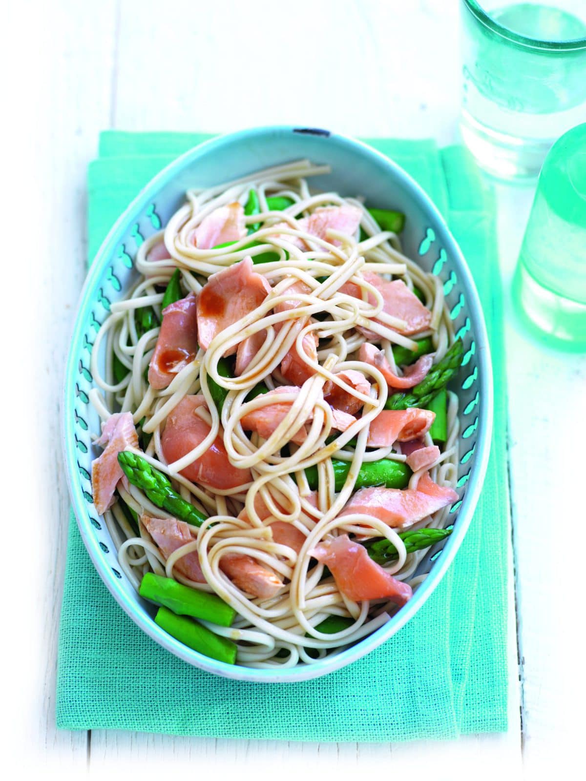 Poached salmon and noodle salad with sesame dressing