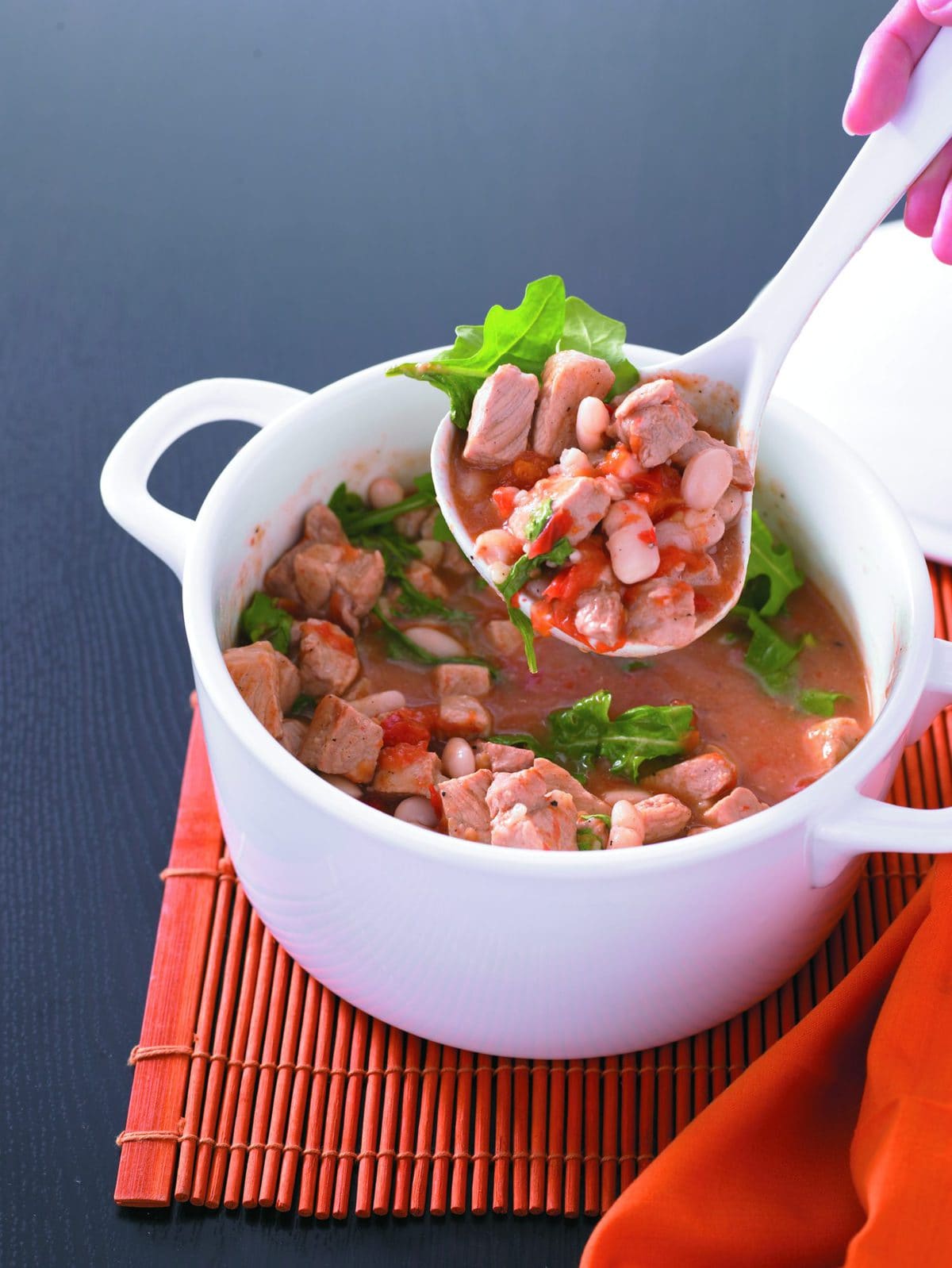 Pork, tomato, cannellini bean and rocket casserole