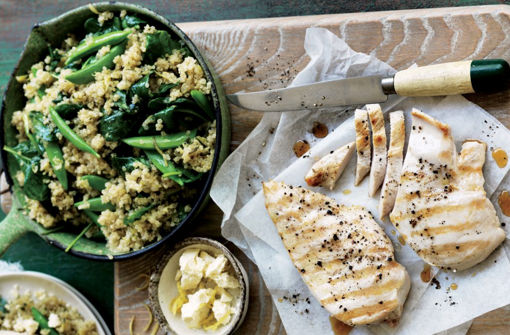 Quinoa pilaf with grilled chicken, feta and lemon Quinoa pilaf with grilled chicken, feta and lemon