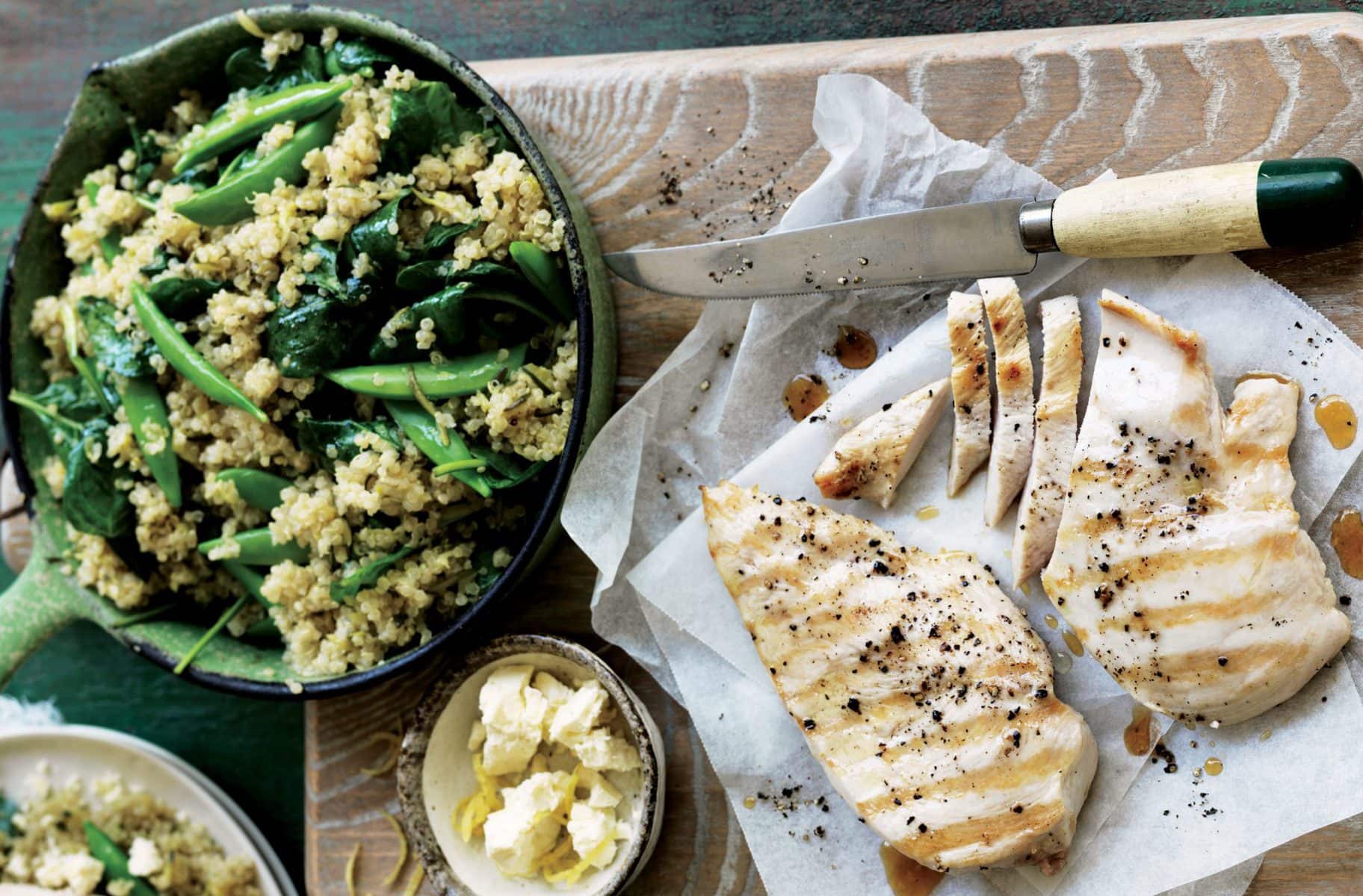Quinoa pilaf with grilled chicken, feta and lemon