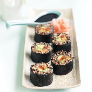 Quinoa, smoked salmon and shredded vegetable sushi rolls