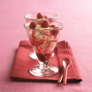 Raspberry and coconut ice cream sundaes
