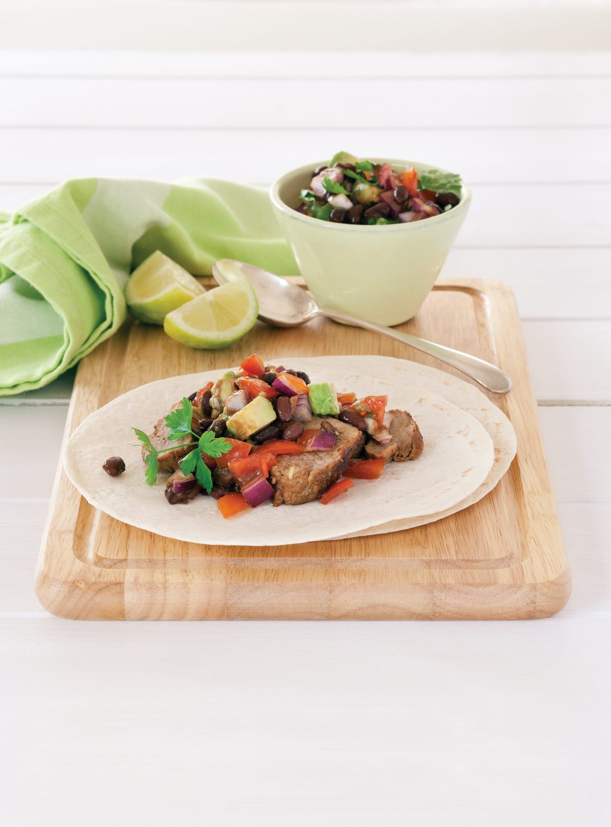 Pork tacos with black bean salsa salad