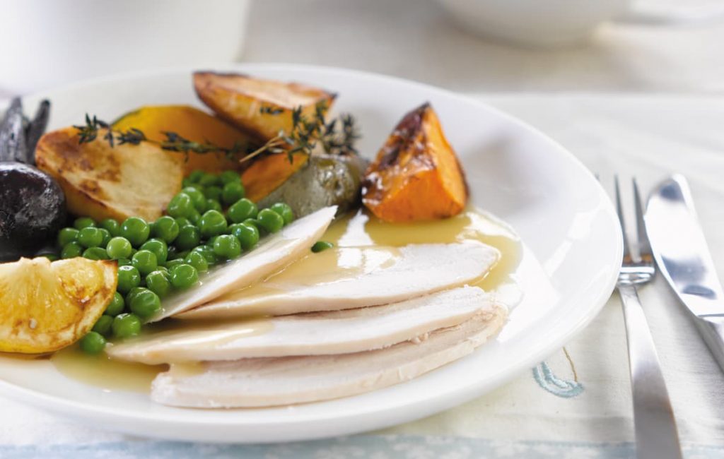Roast chicken dinner made healthier Roast chicken dinner with vegetables