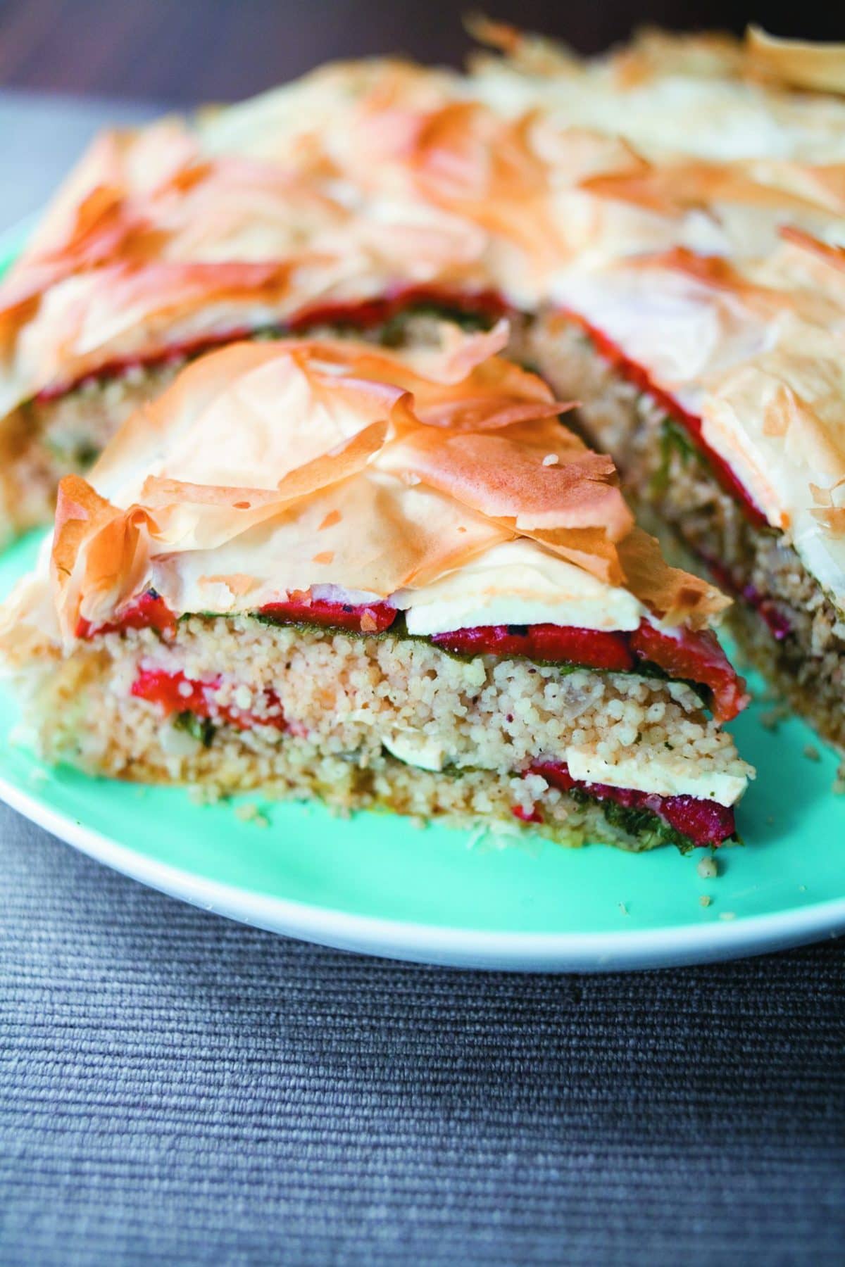 Roast capsicum, feta and couscous pie