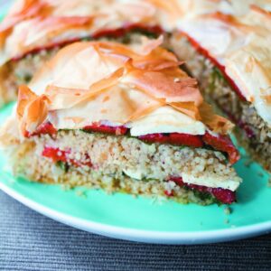 Roast capsicum, feta and couscous pie