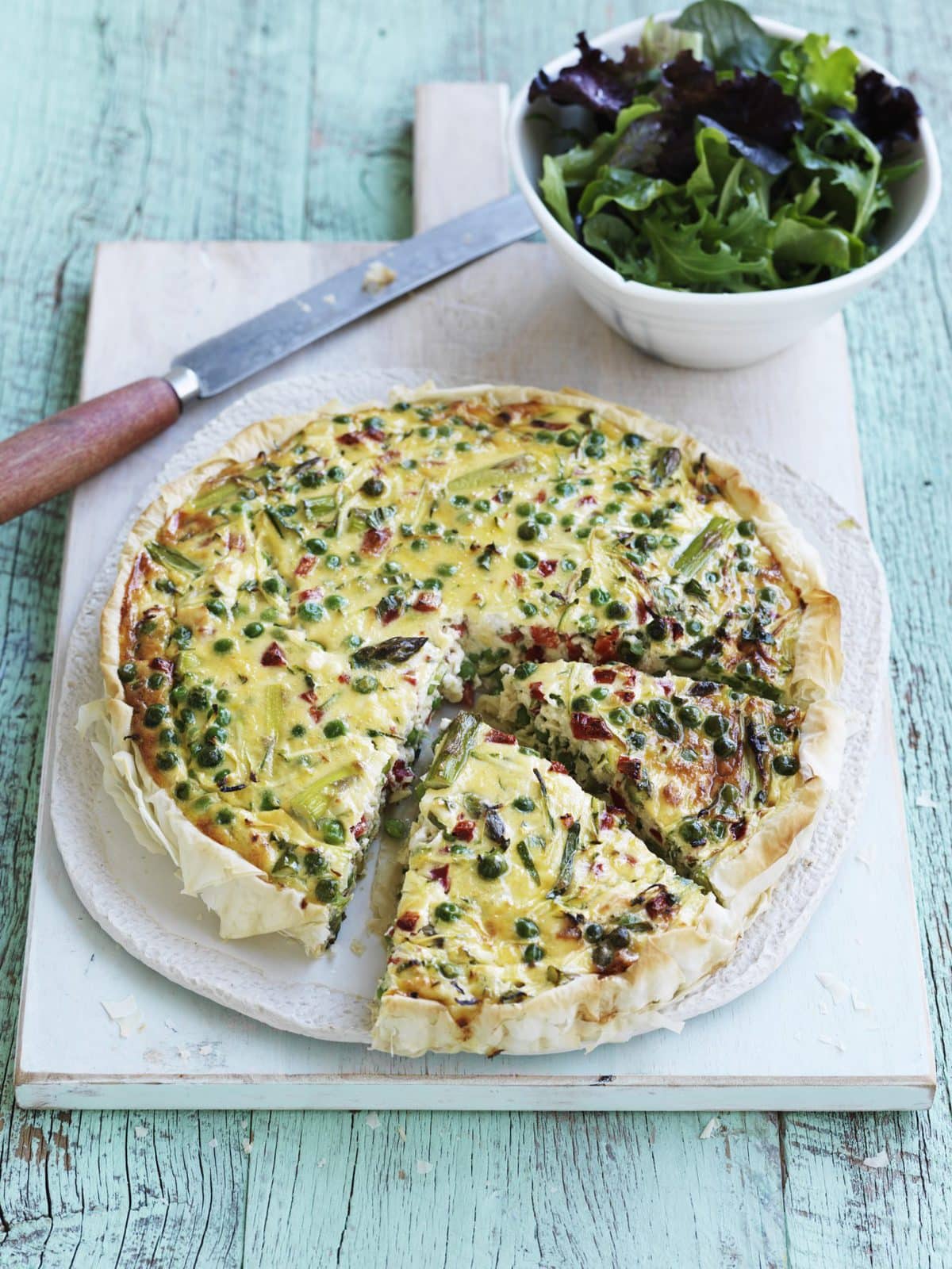 Roast capsicum, pea and courgette quiche