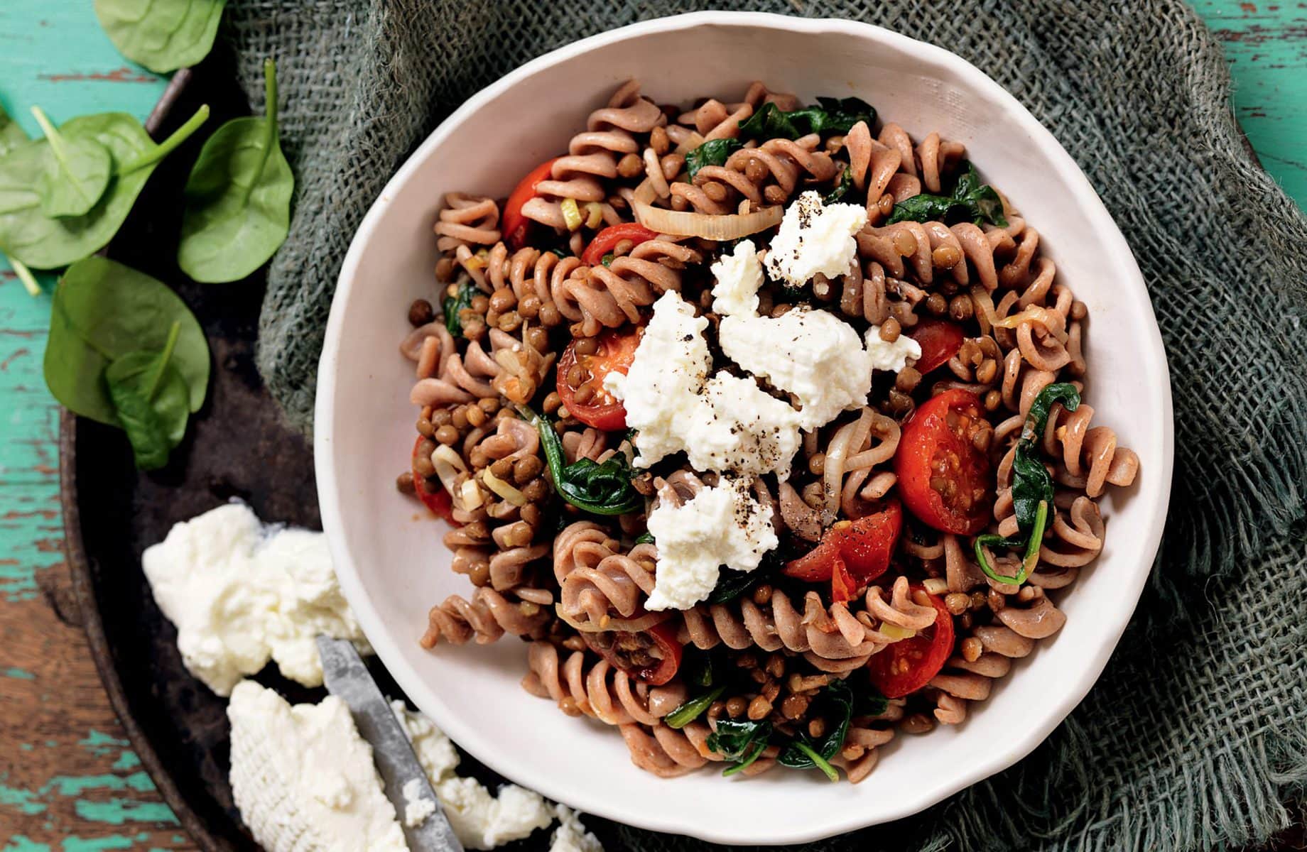 Roasted tomato and lentil pasta with ricotta