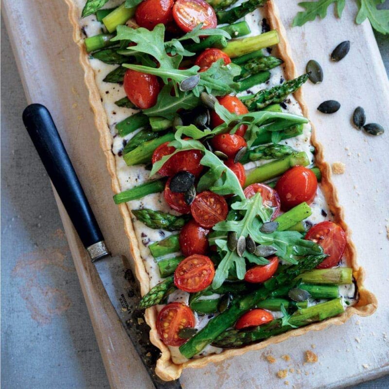 Roasted tomato, olive and asparagus tart