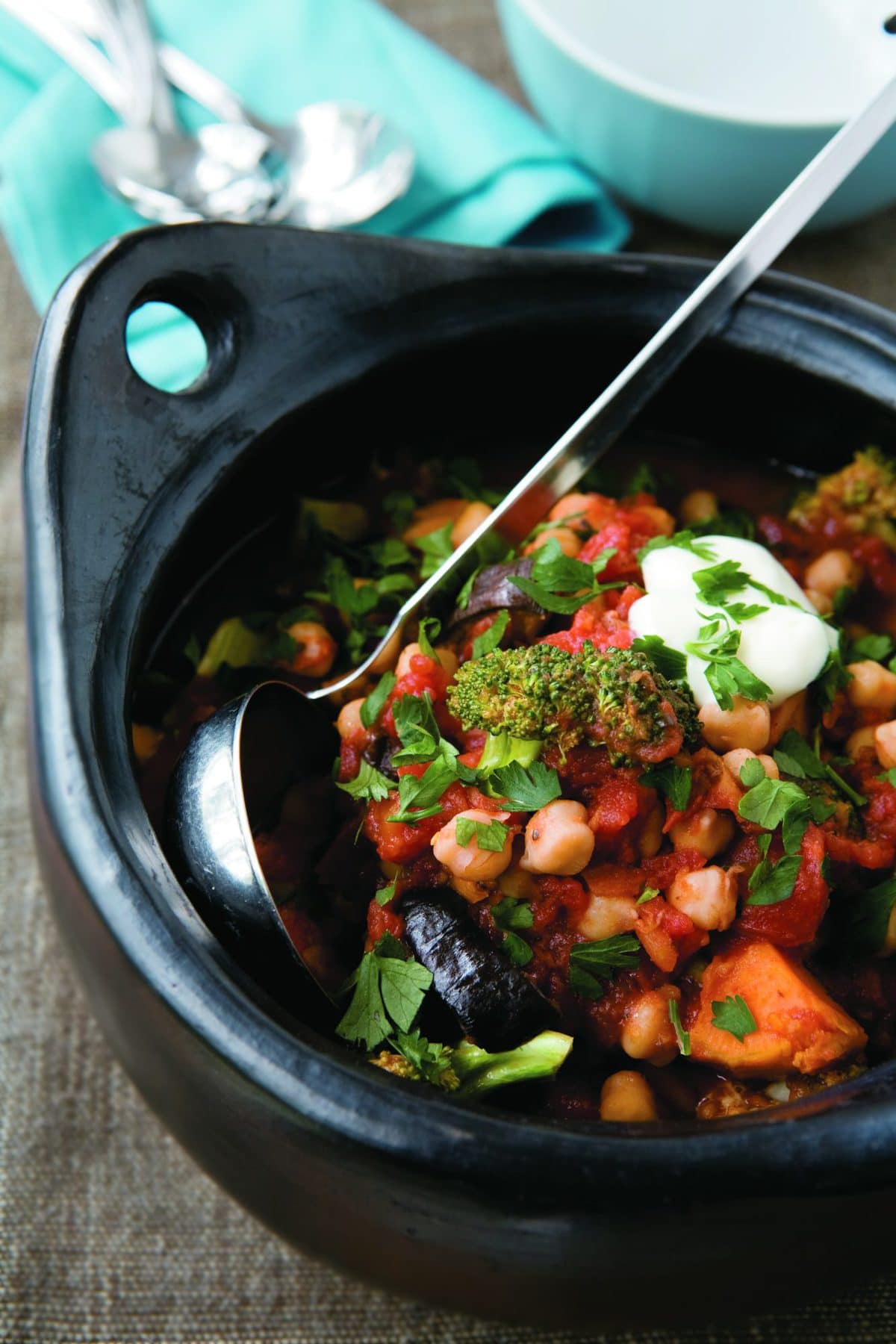 Roasted eggplant and kumara stew