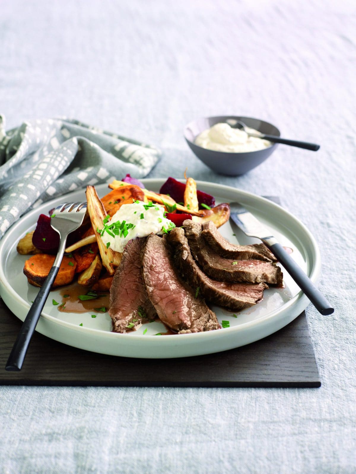 Roasted vegetables with seared beef and mustard cream