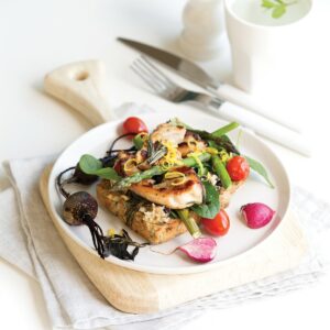 Rosemary and maple chicken sandwich with warm roasted veges