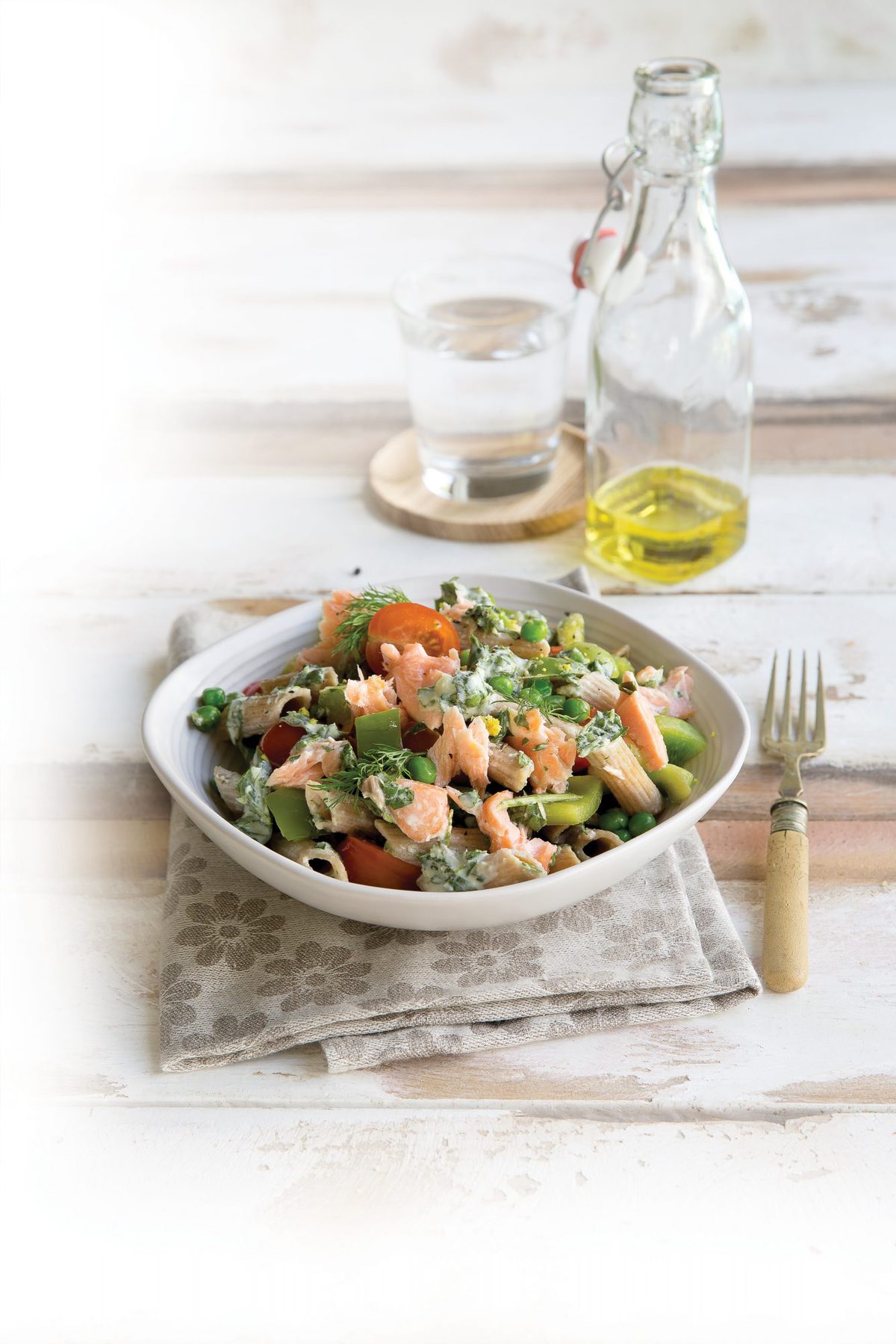 Salmon and dill pasta with rocket dressing
