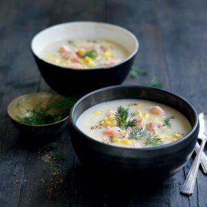 Salmon, celeriac and leek chowder