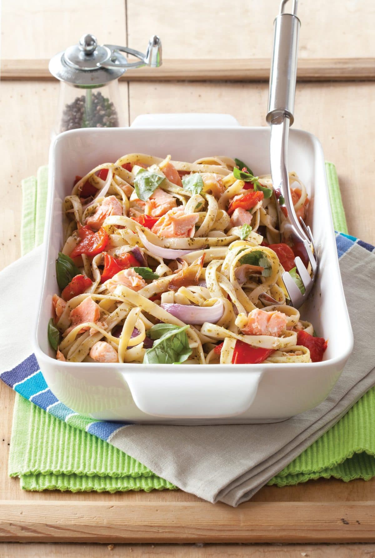 Salmon with roasted veg fettuccine