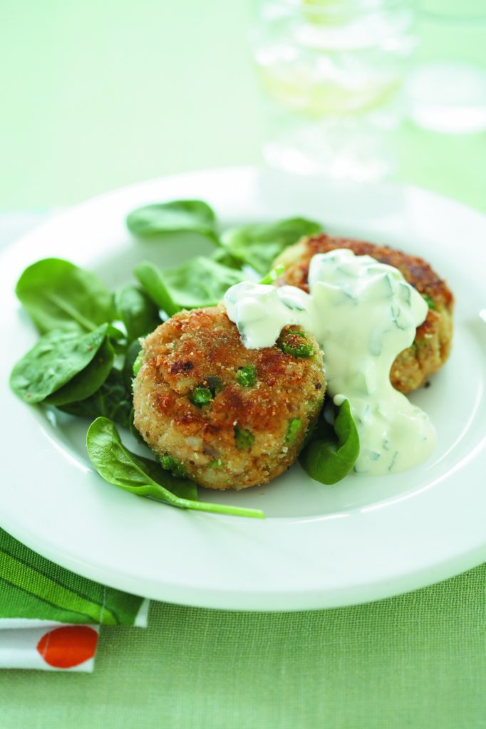 Salmon and pea patties with mint raita