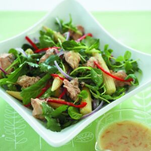 Salmon and snow pea sprout salad with grapefruit dressing