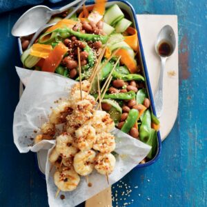 Sesame prawn skewers with borlotti bean and snow pea salad