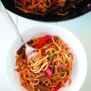 Slivered beef noodles with red capsicum