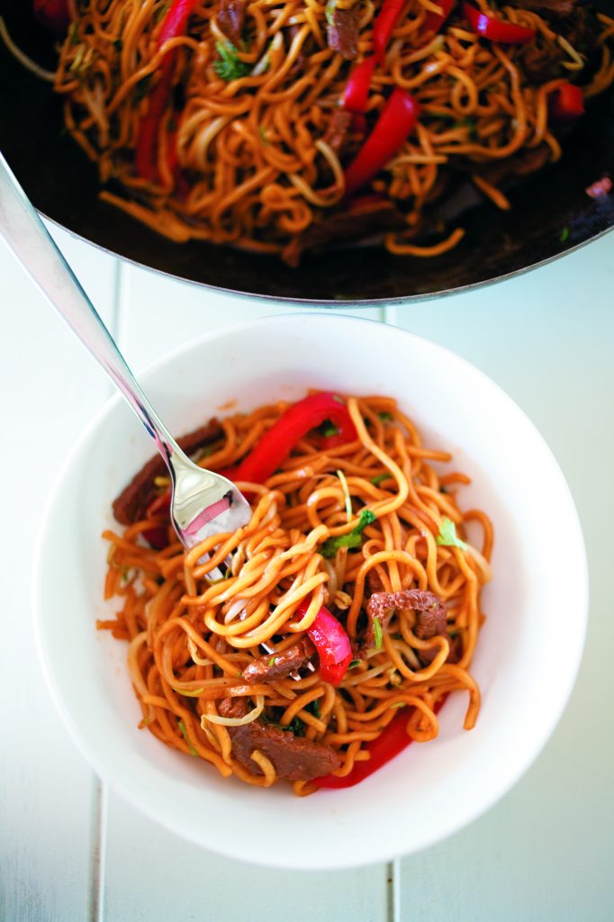 Slivered beef noodles with red capsicum Slivered beef noodles with red capsicum