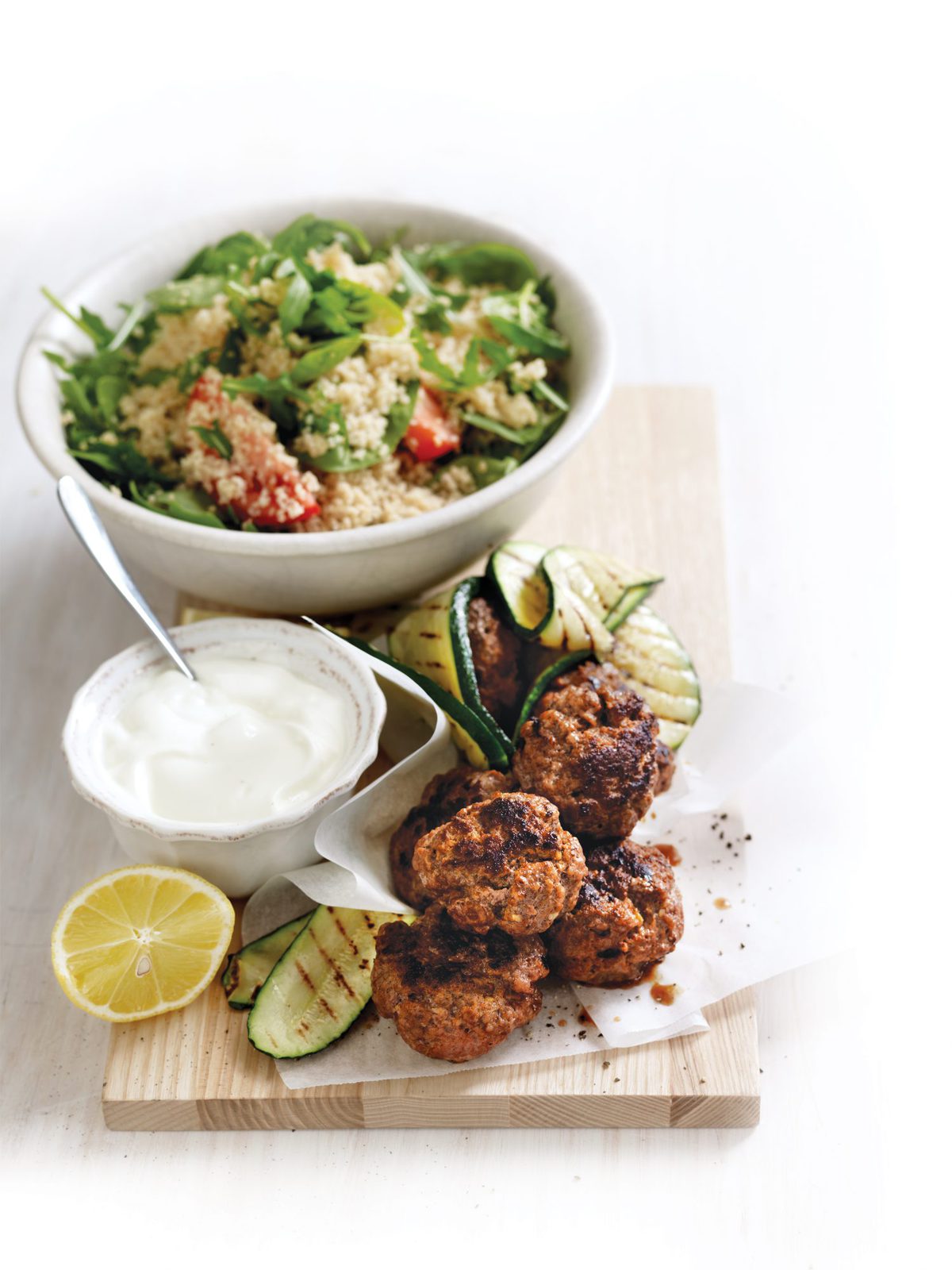 Smoky beef rissoles with couscous salad