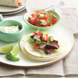 Soft beef tacos with radish and tomato salsa