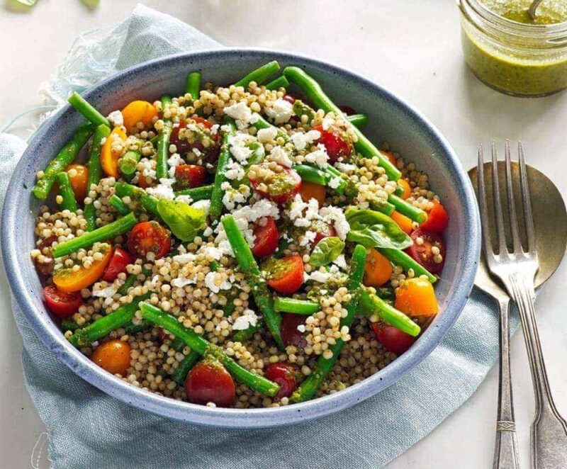 Sorghum, tomato and green bean salad with basil dressing