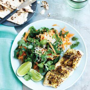 South Indian spiced fish with shredded carrot and coconut salad
