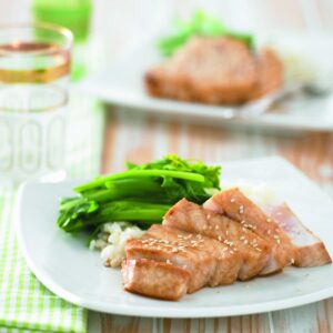 Soy-seared fish with ginger rice and Chinese greens