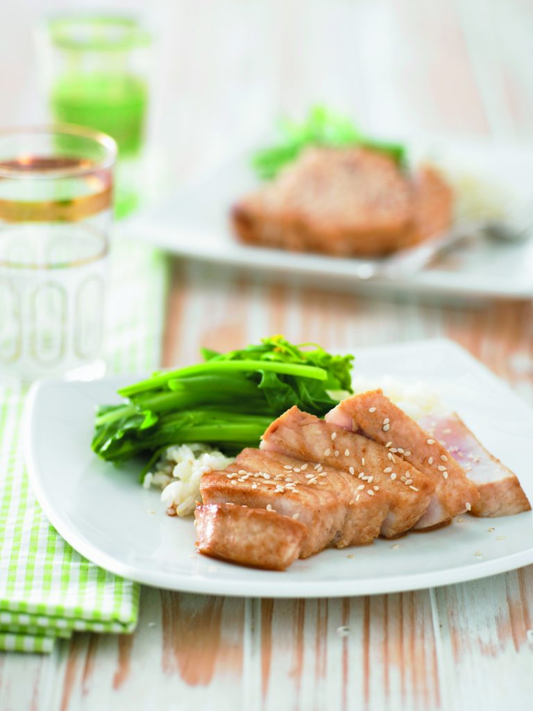 Soy-seared fish with ginger rice and Chinese greens Soy-seared fish with ginger rice and Chinese greens