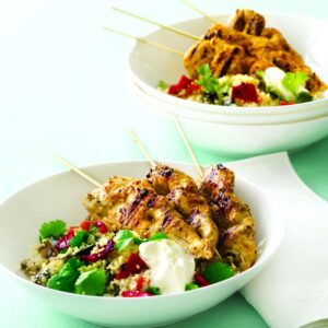 Spicy chicken skewers with vege couscous