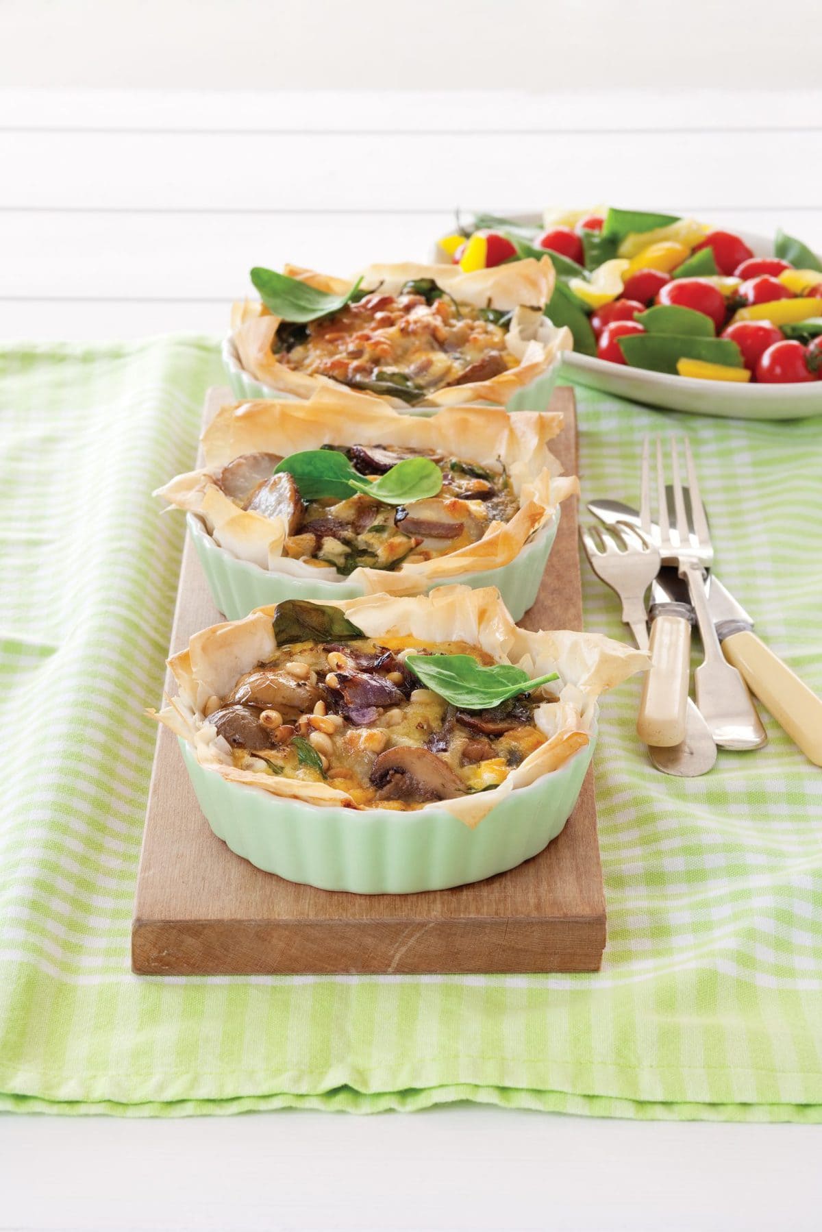 Spinach and mixed vegetable filo tartlets