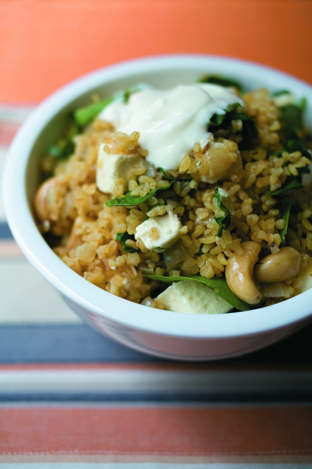 Spinach, feta, cashew nut and bulgar wheat pilau