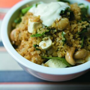 Spinach, feta, cashew nut and bulgar wheat pilau