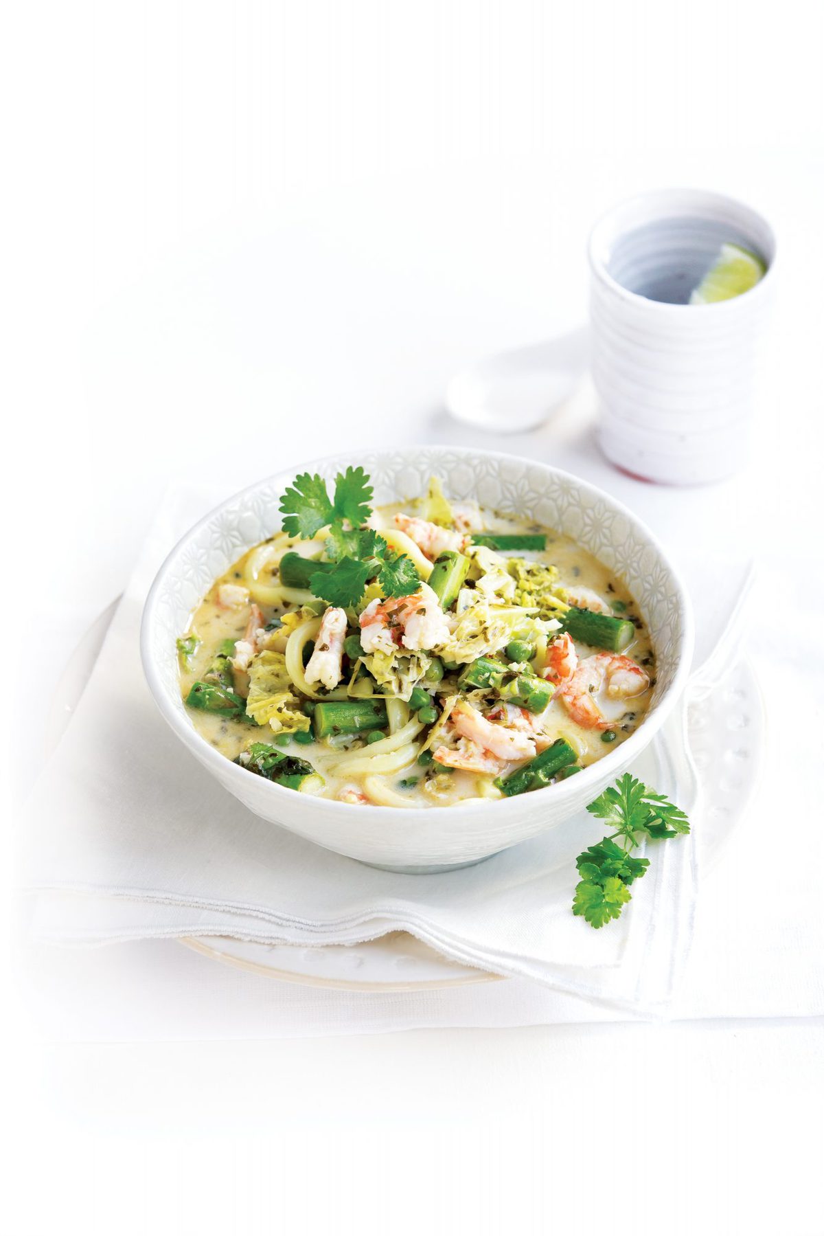 Spring vegetable soup with prawns