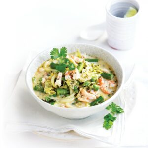 Spring vegetable soup with prawns