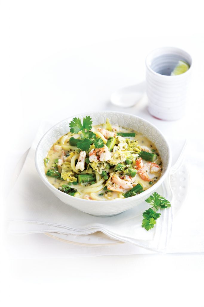 Spring vegetable soup with prawns Spring vegetable soup with prawns