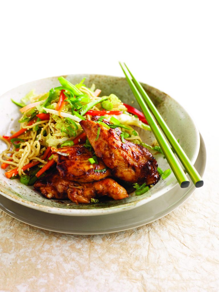 Sticky hoisin chicken with sesame noodle coleslaw