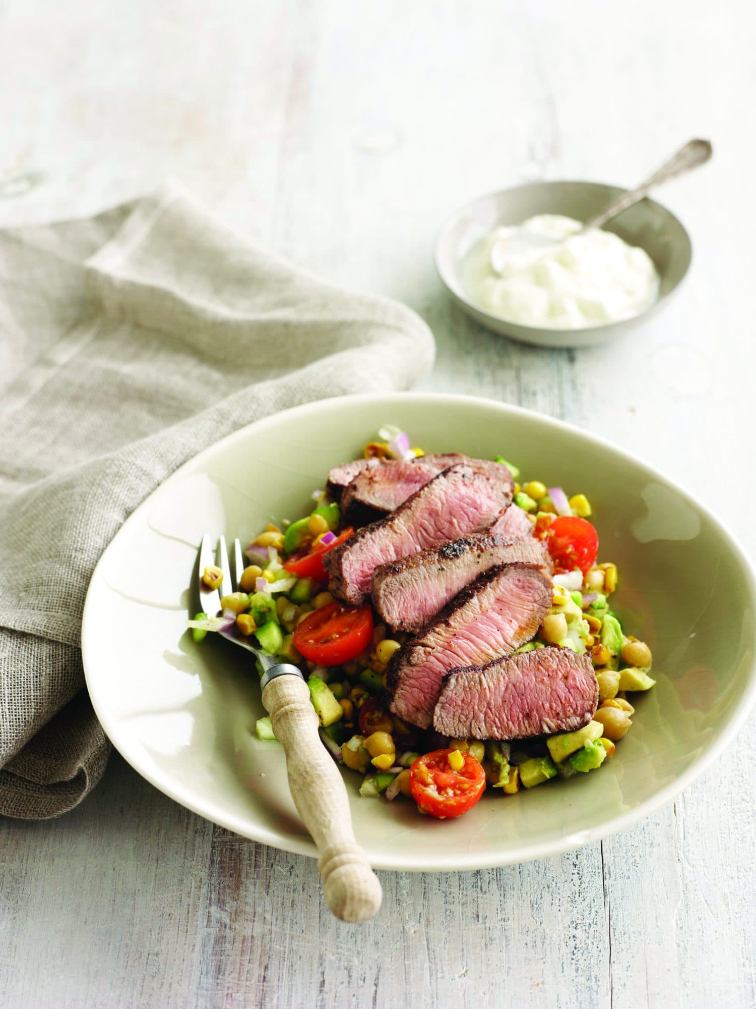 Sumac lamb with corn and chickpea salad