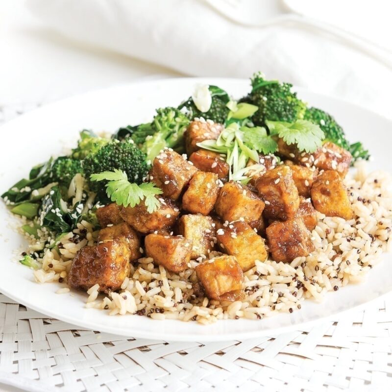 Teriyaki tofu with sesame greens